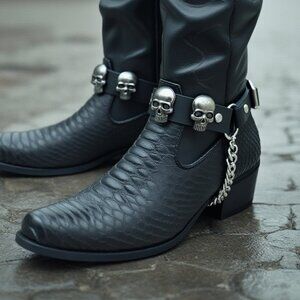 Men Boots Silver Metal Chain Black Faux Leather 2 Straps Skull Charms Motorcycle